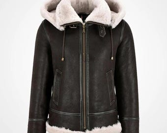 Hooded Women Shearling Jacket, B2 Pilot Shearling Jacket Women, Handmade Aviator Bomber Coat, Sheepskin Leather Winter Jacket, Gift for Her