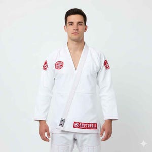 May include: White Jiu-Jitsu uniform with red logos and text. The uniform includes a jacket with a V-neck and trousers. The brand name "SHOYOROLL" is displayed on the jacket. The uniform is designed for martial arts training and competition.