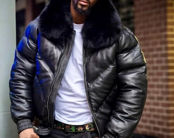 Mens Black Leather V-Bomber Jacket,Goose Country Handmade Winter Puffer Coat White Black Fur Collar,Men Streetwear Outerwear,Gift Fur Jacket