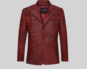 Men's Genuine Leather Blazer Jacket, Classic Red Leather Blazer for Men, Handmade Men's Leather Blazer Coat, Men's Slim Fit Leather Blazer