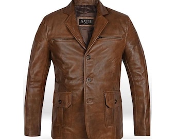 Men's Genuine Leather Blazer Jacket, Men's Classic Brown Leather Blazer, Slim Fit Leather Blazer, Handmade Men Leather Blazer, Gift For Him