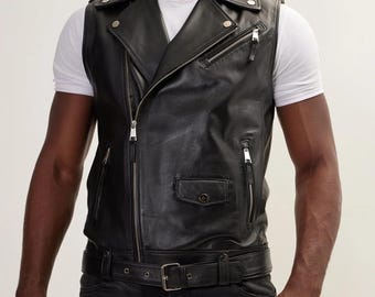 Men's Handmade Biker Black Leather Vest, Men's Black Leather Vest, Men's Vintage Black Leather Vest, Men's Black Leather Vest, Gift For Him