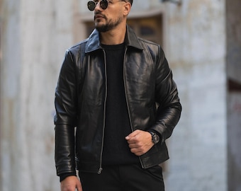 Men's Handmade Genuine Leather Biker Jacket, Men’s Leather Biker Jacket Black Slim Fit, Vintage Style Black Leather Biker Jacket, Gift Him