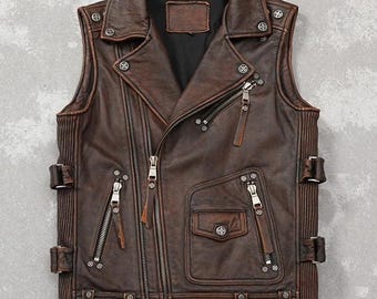 Handmade 90's Brown Leather Vest Men's, Men's Brown Leather Vest, Men's Vintage Brown Leather Vest, Men's Brown Leather Vest, Gift For Him