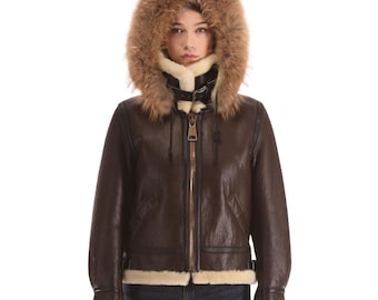 Women's Brown Shearling Leather Aviator Coat, B3 Bomber Jacket, Vintage Style Shearling Coat, Hooded Jacket, Sheepskin Aviator Jacket, Gift