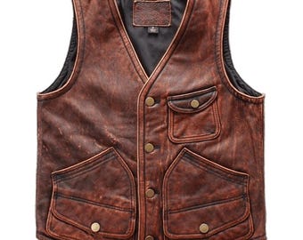 90's Men's Brown Leather Vest, Men's Vintage Brown Leather Vest, Men's Brown Leather Vest, Handmade Brown Leather Vest Men's, Gift For Him