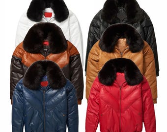 Men's Leather V-Bomber Jacket with Fur Collar,Goose Country Winter Jacket Coat,Multiple Colors Available,Warm Puffer Streetwear Fur Jacket