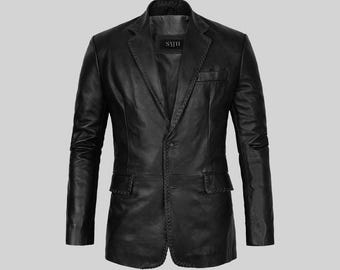 Men's Classic Black Leather Blazer, Slim Fit Leather Blazer, Handmade Men Leather Blazer, Men's Genuine Leather Blazer Jacket, Gift For Him