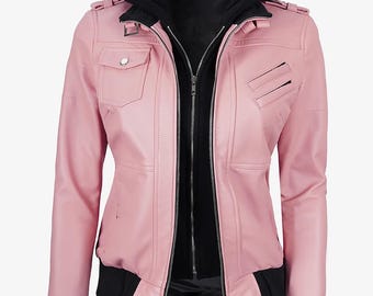 Women's Moto Biker Vintage Bomber Real Removable Hood Pink Sheep Leather Jacket | Women Oversized Retro Aviator Coat | Valentine's Gift Her