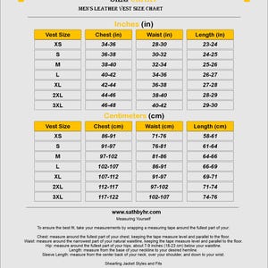 May include: Size chart for men's leather vests, displaying measurements in inches. Includes vest sizes XS to 3XL, with corresponding chest, waist, and length measurements. Also provides instructions for taking measurements for a proper fit.