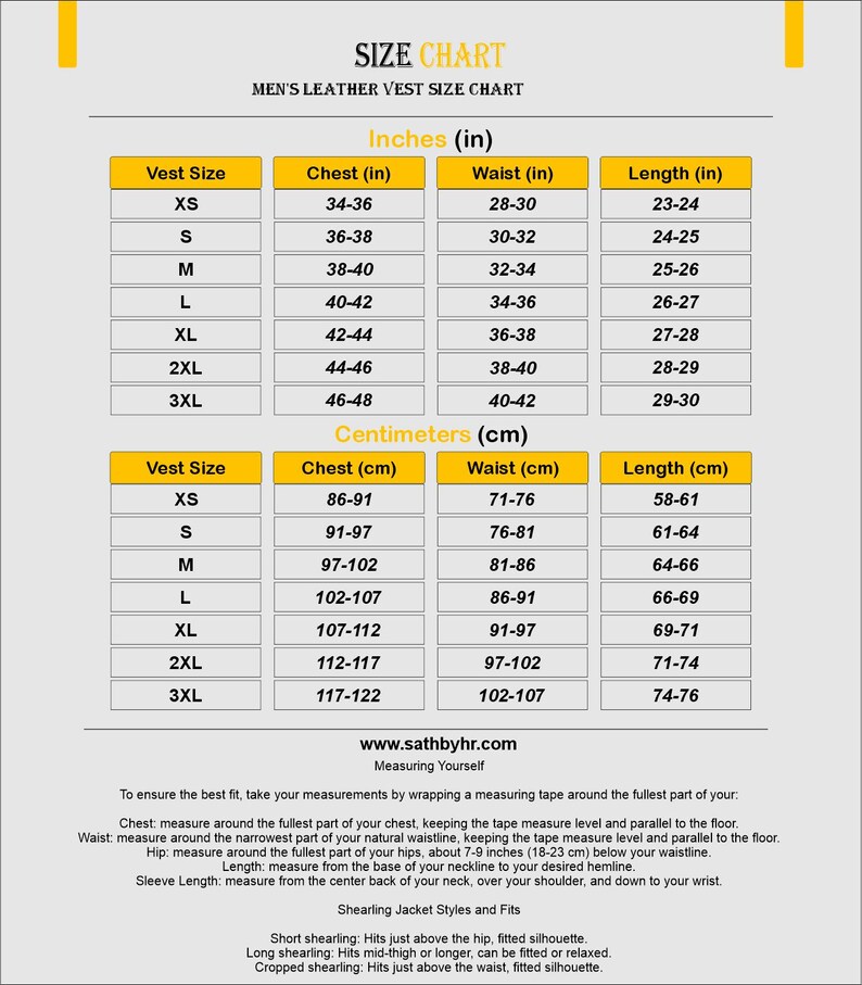 May include: Size chart for men's leather vests, displaying measurements in inches. Includes vest sizes XS to 3XL, with corresponding chest, waist, and length measurements. Also provides instructions for taking measurements for a proper fit.