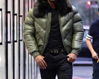 Mens Green V-Bomber Jacket,Goose Country Style Winter Bomber Coat with Black White Fur Collar,Men Luxury Streetwear Bomber Puffer Fur Jacket
