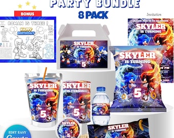 Paquete de cumpleaños de Shadow x Sonic, erizo, fiesta de cumpleaños para niño, recuerdo de fiesta de 5.º cumpleaños, bolsa de chips de Sonic Caprisun, fiesta temática de Sonic, fiesta digital para niños SH2