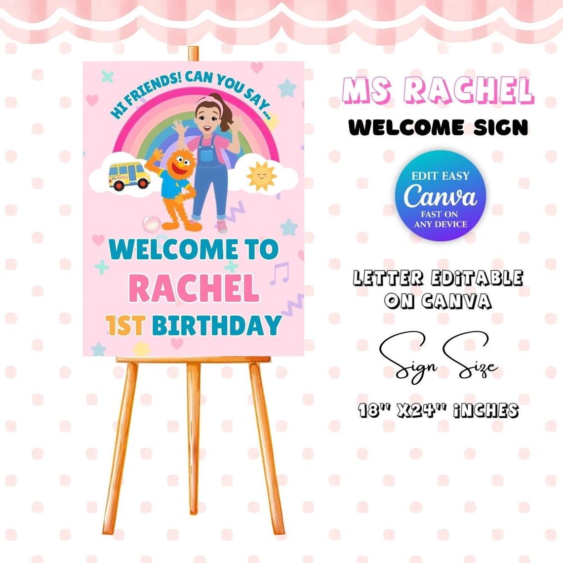 Welcome Rachell Ms Rachel Welcome Sign Printable | 1st Birthday Party Sign | Editable ...