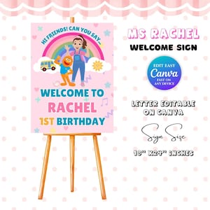 Puede incluir: Un letrero de bienvenida rosa sobre un caballete de madera, con el texto "Welcome to Rachel 1st Birthday". El letrero incluye ilustraciones de un arcoíris, personajes y el texto "Ms. Rachel Welcome Sign". El tamaño del letrero es de 45,72 cm x 60,96 cm.