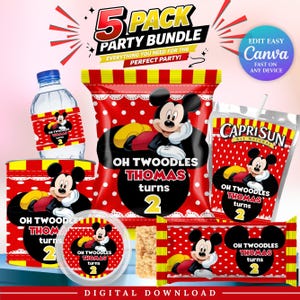 May include: A 5-pack party bundle digital download featuring Mickey Mouse themed labels for a water bottle, chip bag, juice pouch, snack container, and candy bar. Each item displays red and white polka dots, the text Oh Twoodles Thomas turns 2.