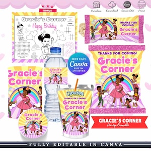May include: A party bundle featuring a pink and yellow theme with the text "Gracie's Corner". Includes a coloring sheet, water bottle labels, Capri Sun labels, chip bag, and other party supplies. The design includes a girl in a pink dress and a rainbow.