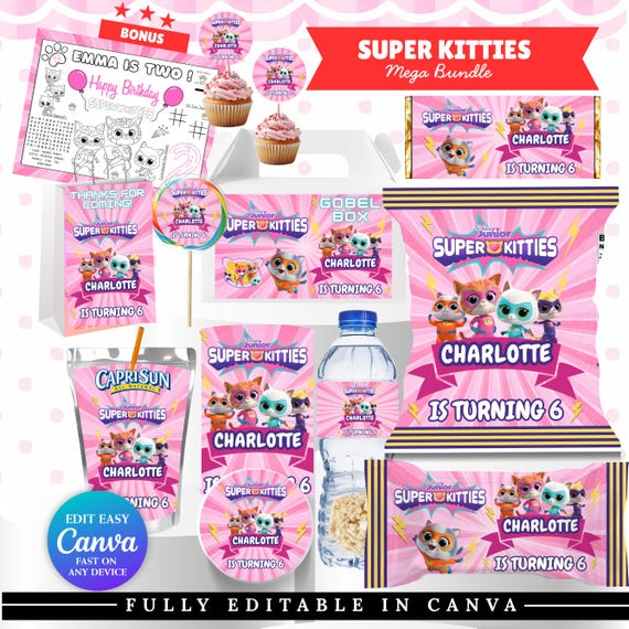 Super Kitties Birthday Party Bundle, Super Kitties Party Favors , Editable kitty cat decore, Super Kitties Party Decor , Super kittie BONUS