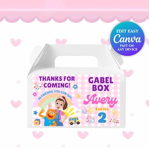 May include: White gable box with a pink and white checkered pattern. The box features colorful graphics and text that reads "THANKS FOR COMING!" and "GABEL BOX Avery turns 2". Includes illustrations of a rainbow, characters, and musical notes.