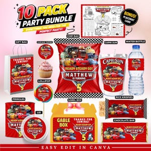 Peut inclure: Un lot de 10 articles de fête sur le thème Cars comprenant des décorations et étiquettes pour sac cadeau, décoration de cupcake, sachet de chips, Capri Sun, bouteille d'eau, Pringles, sucette, boîte gable, Rice Krispies, barre chocolatée et set.