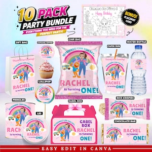 May include: A 10-pack party bundle featuring custom party supplies for a first birthday. Items include a gift bag, cupcake topper, chip bag, juice pouch, water bottle, lollipop, Pringles can, gable box, rice krispies, and chocolate bar, all with a rainbow theme.