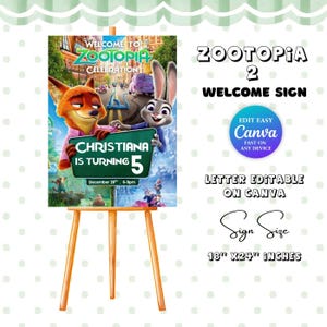 Zootopia birthday welcome sign editable Canva template, Judy Hopps and Nick Wilde kids birthday party welcome poster, Zootopia party decor printable sign