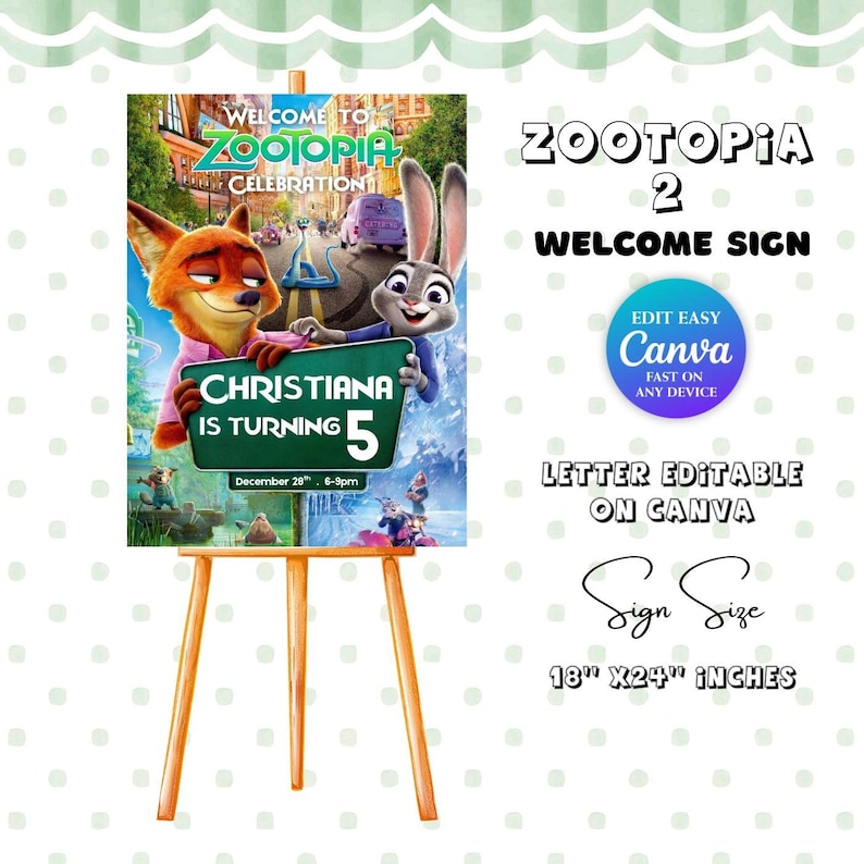 Zootopia birthday welcome sign editable Canva template, Judy Hopps and Nick Wilde kids birthday party welcome poster, Zootopia party decor printable sign