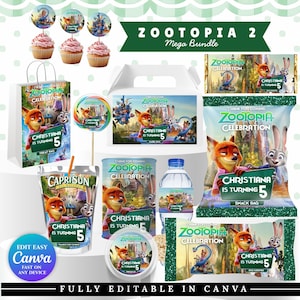 Op de afbeelding: Een Zootopia-themafeestpakket met cupcake toppers, traktatiezakjes, snackzakjes en Capri Sun labels. Het ontwerp toont de personages Nick Wilde en Judy Hopps, met de tekst "Christiana is 5 jaar". De tekst "Edit Easy Canva" is ook zichtbaar.
