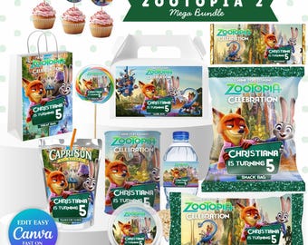 Zootopia Birthday Party Bundle Editable Canva Template Kids Favor Labels Snack Bag Water Bottle Capri Sun Cupcake Toppers Instant Download