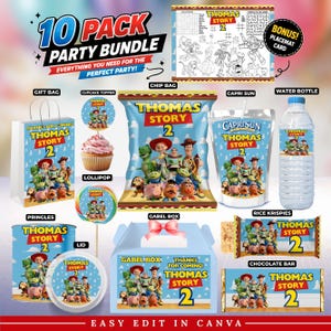 Può includere: Un set per feste da 10 pezzi a tema Thomas Story 2 che include sacchetto regalo, decorazione per cupcake, sacchetto di patatine, Capri Sun, bottiglia d'acqua, lecca-lecca, barattolo Pringles, scatola gabel, Rice Krispies, barretta di cioccolato e una tovaglietta.