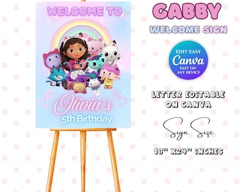 Modello modificabile per il cartello di benvenuto del compleanno della bambola Gabby, poster di benvenuto per la casa delle bambole, decorazioni per la festa della casa delle bambole Gabby, striscione di benvenuto per la bambola Gabby, Canva