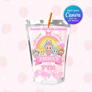Labubu Capri Sun Label Printable | Editable Kawaii Juice Pouch Wrapper | Cute Monster Birthday Favor | Digital Party Drink Template Labub u