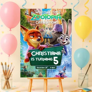 Zootopia birthday party welcome sign on easel display, kids Zootopia themed birthday decoration poster with Judy Hopps and Nick Wilde editable template