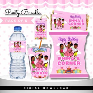 Könnte beinhalten: Ein rosa Party-Bundle mit dem Text "Party Bundle" und "Pack of 5". Das Bundle enthält eine Wasserflasche, einen Capri Sun-Beutel, einen Schokoriegel, ein Geschenk-Etikett und einen Chipstüten, alle mit einer Cartoon-Illustration und dem Text "Happy Birthday EMMA'S CORNER".