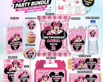 May include: A 10-pack party bundle featuring Minnie Mouse themed items in pink and white stripes and polka dots. Includes a gift bag, cupcake topper, lollipop, chip bag, Capri Sun label, water bottle label, Pringles can, gable box, and candy bars.