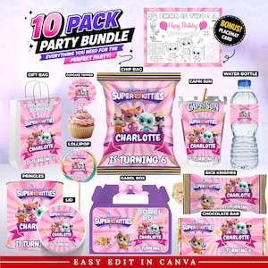 May include: A 10-pack party bundle featuring Super Kitties themed items including a gift bag, cupcake topper, lollipop, chip bag, Capri Sun pouch, water bottle, Pringles can, Gabel box, Rice Krispies treat, chocolate bar, and a placemat card.