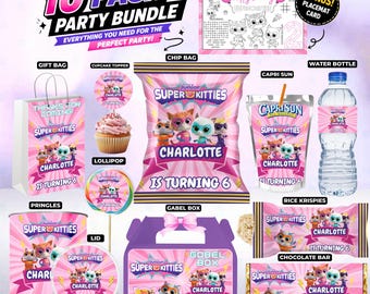 Super Kitties Birthday Party Bundle, Super Kitties Party Favors , Editable kitty cat decore, Super Kitties Party Decor , Super kittie BONUS