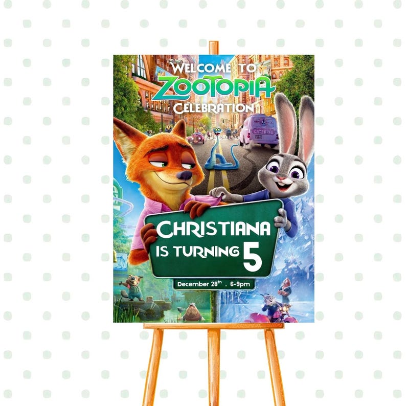 Zootopia birthday welcome poster printable party entrance sign, Zootopia themed kids birthday decor editable Canva template digital download