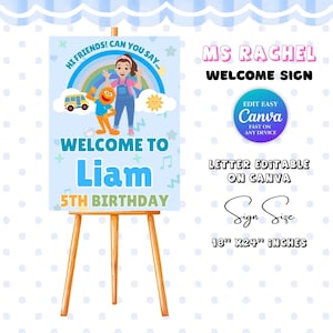 Puede incluir: Un letrero de bienvenida azul claro sobre un caballete de madera, con el texto "Welcome to Liam 5th Birthday". El letrero incluye ilustraciones de un arcoíris, un autobús, un sol y personajes. El tamaño del letrero es de 45,72 cm x 60,96 cm.