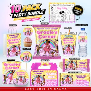 May include: A 10-pack party bundle featuring Gracie's Corner themed items including a gift bag, cupcake topper, chip bag, Capri Sun label, water bottle label, lollipop, Pringles label, gable box, rice krispies wrapper, and chocolate bar wrapper.