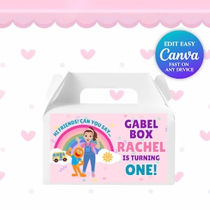 May include: White Gable box with a pink label featuring a cartoon illustration of a girl, a rainbow, and a bus. Text includes "Gabel Box", "Rachel is turning one!" and "Hi Friends! Can you say..."