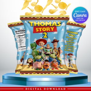 May include: Three chip bags featuring a blue sky and cloud background with Toy Story characters including Woody, Buzz Lightyear, Jessie, Rex, and Mr. Potato Head. The center bag displays the text Thomas Story 2, while side bags show nutrition facts and thank you text.