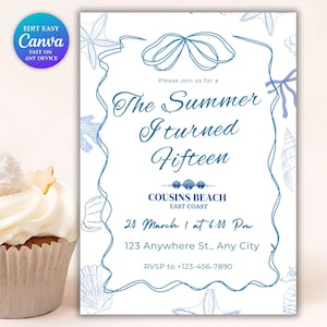 May include: A blue and white invitation card with a beach theme. The text reads "The Summer I turned Fifteen" with event details. The design includes seashells and starfish. The Canva logo is in the upper left corner.
