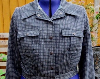 blouson jacket 40s 50s style plus size jacket in black check moleskin with blue paisley silky lining UK seller