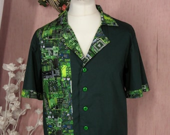 bottle green bowling shirt with motherboard print contrast OOAK UK seller