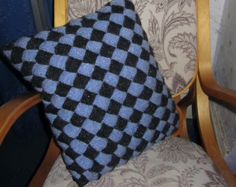 sparkly black and blue large handknit entrelac cushion with removeable pad