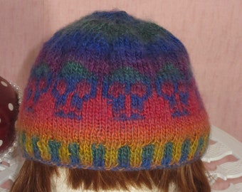 double knitted rainbow skulls wool beanie self striping yarn reversible hat. UK seller