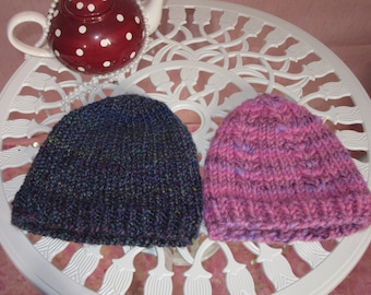 soft handknit wool hat superchunky variegated pink or multi purple. UK seller