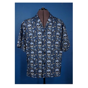 blue and black sugar skull shirt alternative goth hawaiian shirt UK seller