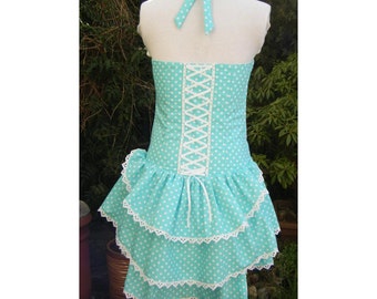 circus bustle dress in spearmint and white polka dot sweet lolita halterneck dress with corset laced back